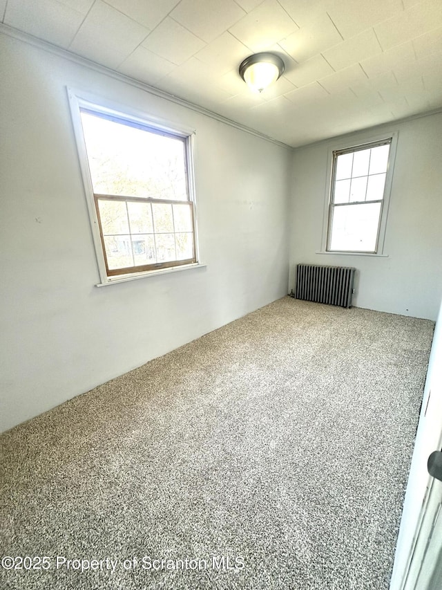 carpeted spare room featuring a healthy amount of sunlight and radiator heating unit