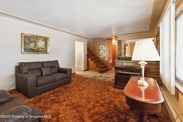 living room featuring carpet and a baseboard radiator