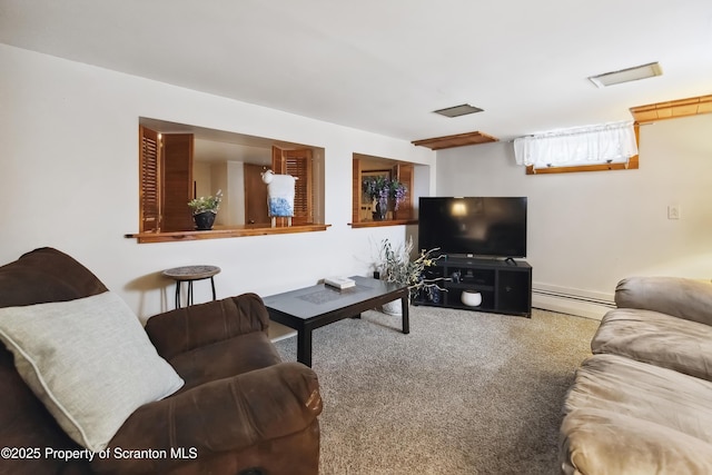 carpeted living room with a baseboard radiator