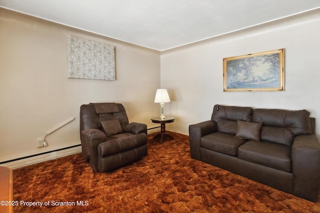 carpeted living room with baseboard heating