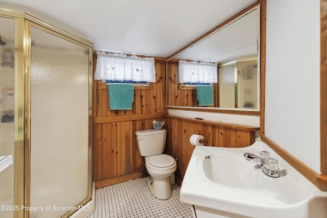 bathroom featuring sink, toilet, and a shower with door