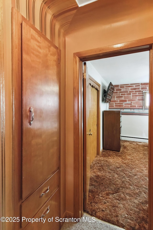 hallway with a baseboard radiator and carpet flooring