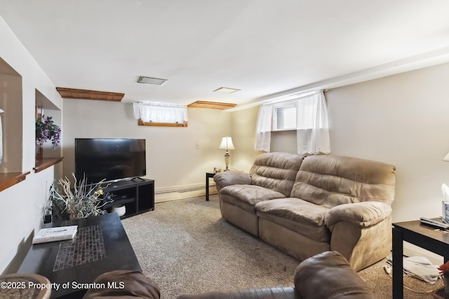 living room featuring carpet and a baseboard radiator