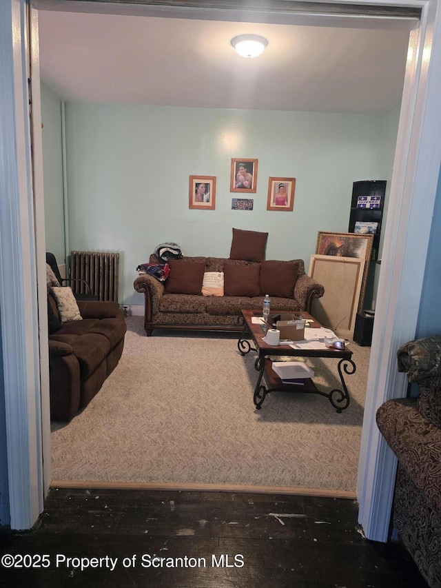 living room featuring radiator and dark colored carpet