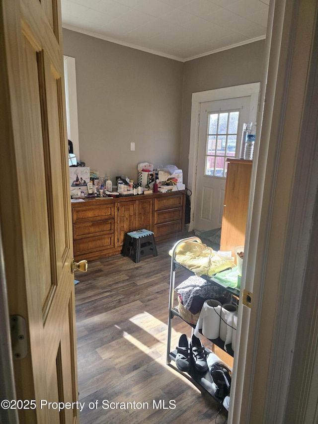 bedroom featuring crown molding and dark wood-type flooring