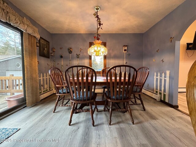 dining area with arched walkways, baseboard heating, wood finished floors, and baseboards