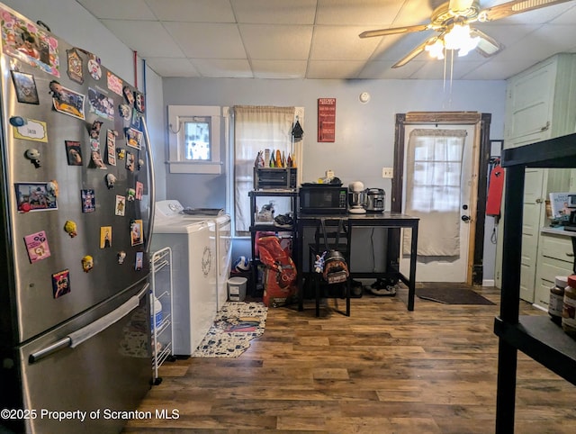 1110-1112 W Elm St, Scranton, PA 18504 - kitchen featuring freestanding refrigerator, washer and clothes dryer, black microwave, a paneled ceiling, and a ceiling fan