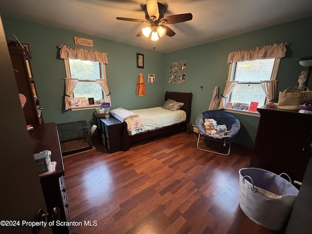 bedroom featuring ceiling fan, dark hardwood / wood-style floors, and multiple windows