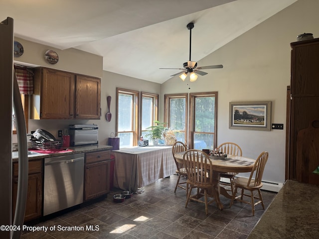 kitchen featuring stainless steel dishwasher, ceiling fan, and lofted ceiling