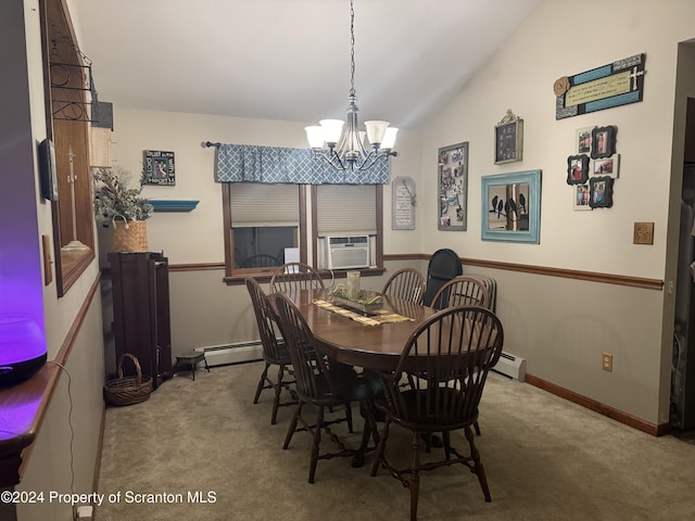 dining space featuring light carpet, an inviting chandelier, vaulted ceiling, and baseboard heating