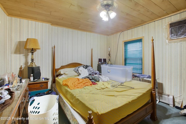 carpeted bedroom featuring a baseboard radiator, a wall mounted AC, and wood ceiling