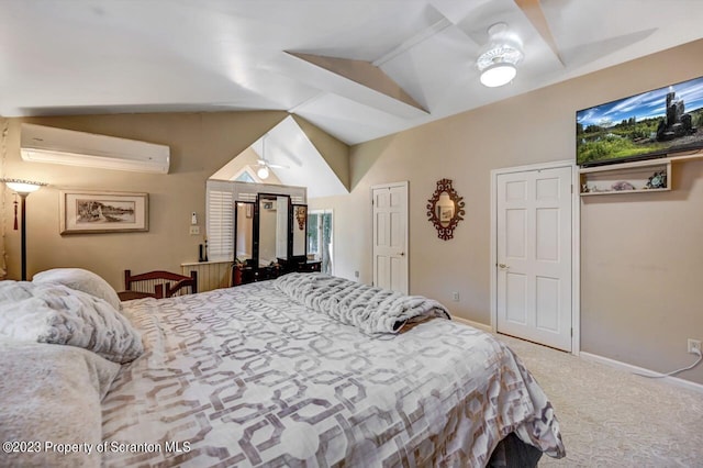 bedroom featuring carpet, vaulted ceiling, and a wall mounted AC