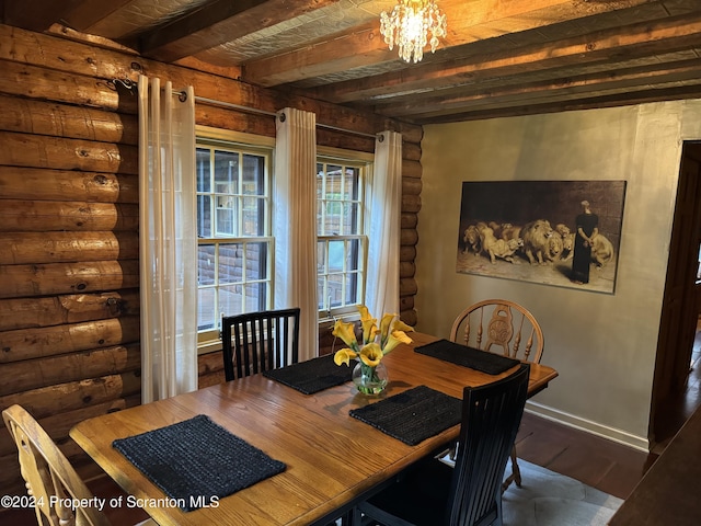 dining room featuring log walls, beam ceiling, dark hardwood / wood-style flooring, and an inviting chandelier