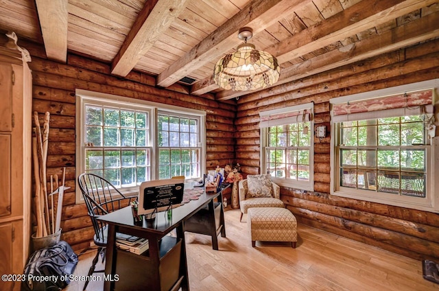 home office featuring beam ceiling, rustic walls, plenty of natural light, and wood ceiling