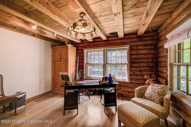 office space featuring rustic walls, hardwood / wood-style floors, beamed ceiling, and wooden ceiling