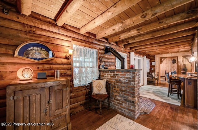 living area featuring wood-type flooring, beam ceiling, rustic walls, and wood ceiling