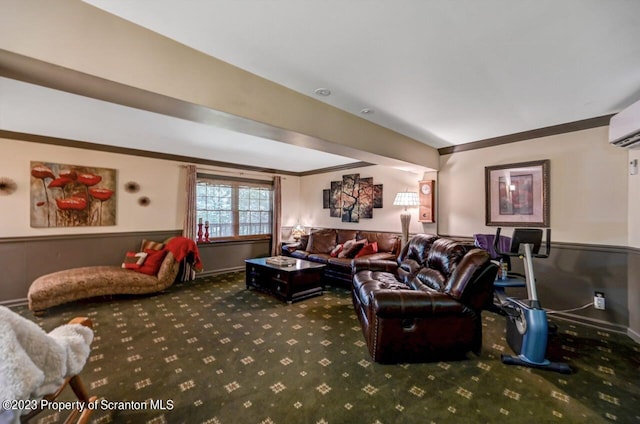 carpeted living room featuring crown molding