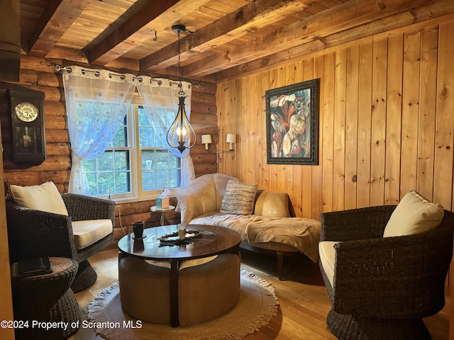 sitting room featuring beamed ceiling, wood-type flooring, wooden ceiling, and log walls