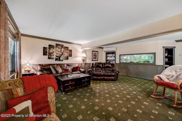 carpeted living room with a wall unit AC and crown molding