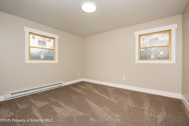 spare room with carpet flooring and baseboard heating