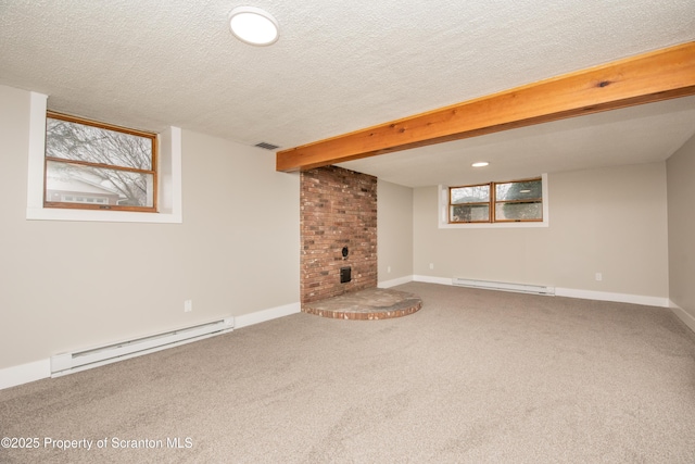 unfurnished living room with a textured ceiling, beam ceiling, carpet flooring, and baseboard heating