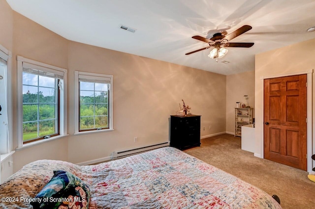 bedroom with ceiling fan, light carpet, and a baseboard radiator