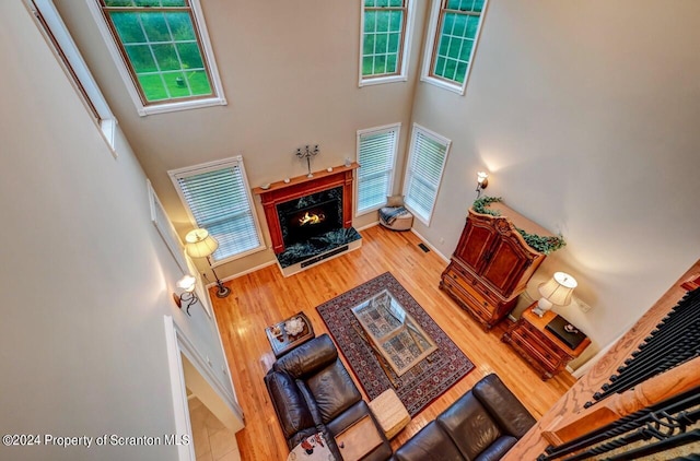 living room with hardwood / wood-style flooring, a towering ceiling, and a premium fireplace