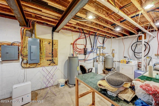 utility room featuring washer and clothes dryer, electric panel, and water heater