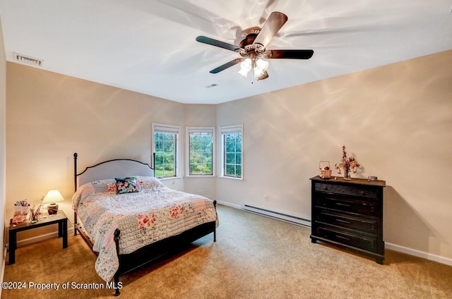 carpeted bedroom featuring ceiling fan and a baseboard radiator