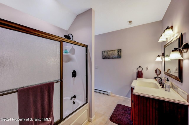 bathroom featuring vanity, tile patterned floors, bath / shower combo with glass door, vaulted ceiling, and baseboard heating