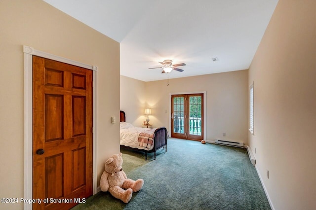 carpeted bedroom featuring access to outside, ceiling fan, french doors, and baseboard heating