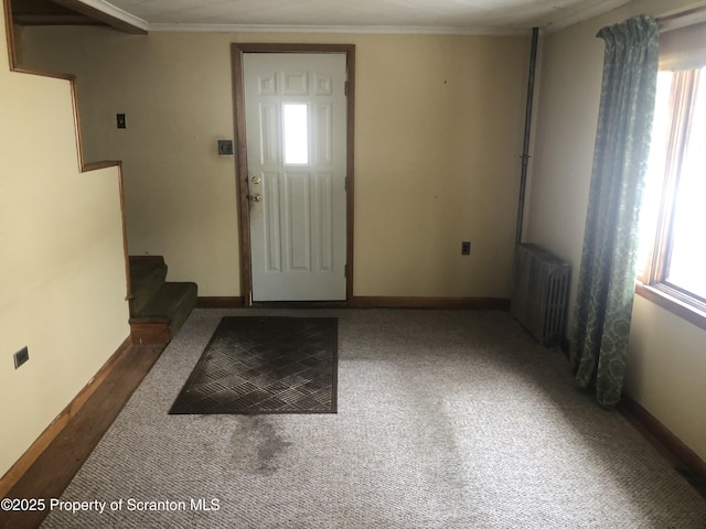 entryway featuring plenty of natural light, radiator, and ornamental molding