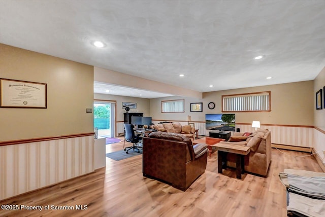 21 Leslie Dr, Scranton, PA 18505 - living area with wainscoting, light wood finished floors, an office area, a baseboard heating unit, and recessed lighting