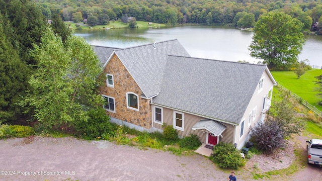 drone / aerial view featuring a water view