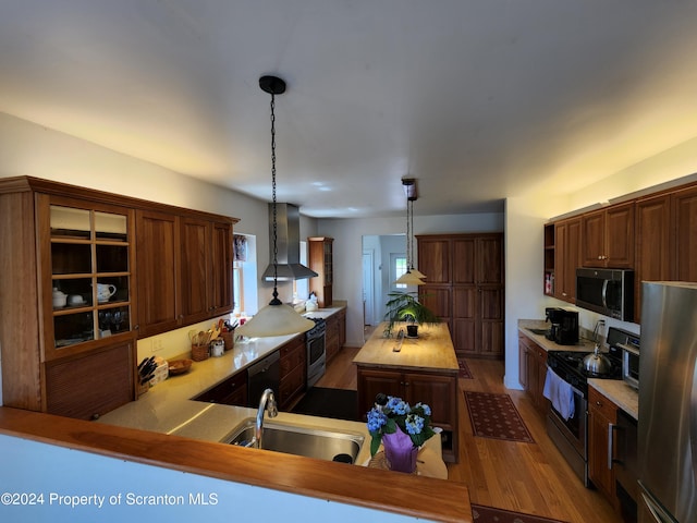 kitchen featuring kitchen peninsula, appliances with stainless steel finishes, sink, decorative light fixtures, and range hood