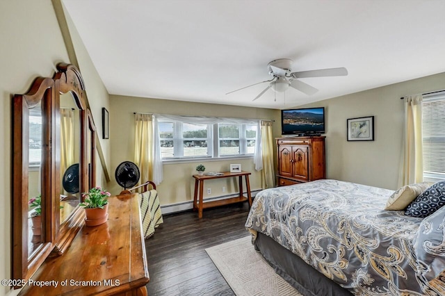 bedroom featuring ceiling fan, a baseboard radiator, and dark hardwood / wood-style floors