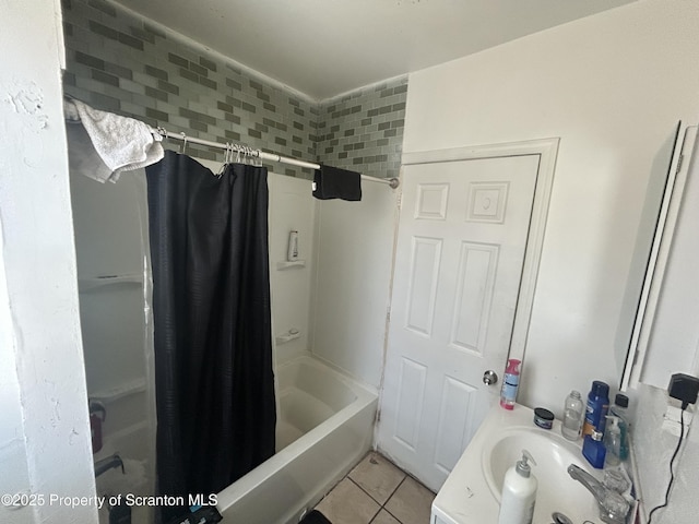 bathroom featuring shower / bath combo and tile patterned flooring