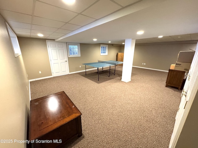 playroom with carpet floors, baseboards, recessed lighting, and a drop ceiling