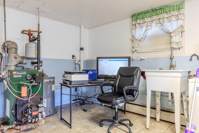 tiled office space featuring electric water heater and ornamental molding