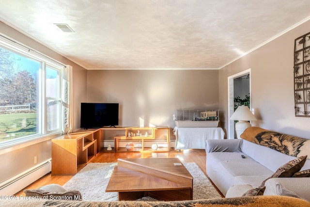 living room with light wood-type flooring and baseboard heating