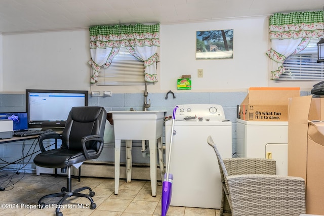 office featuring light tile patterned floors and ornamental molding