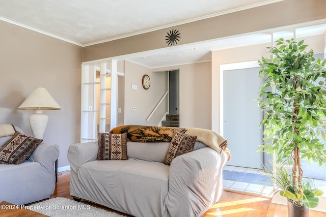 living room featuring crown molding and wood-type flooring