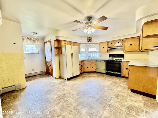 2052 Farr St 2050, Scranton, PA 18504 - kitchen featuring gas stove, dishwasher, freestanding refrigerator, under cabinet range hood, and baseboard heating