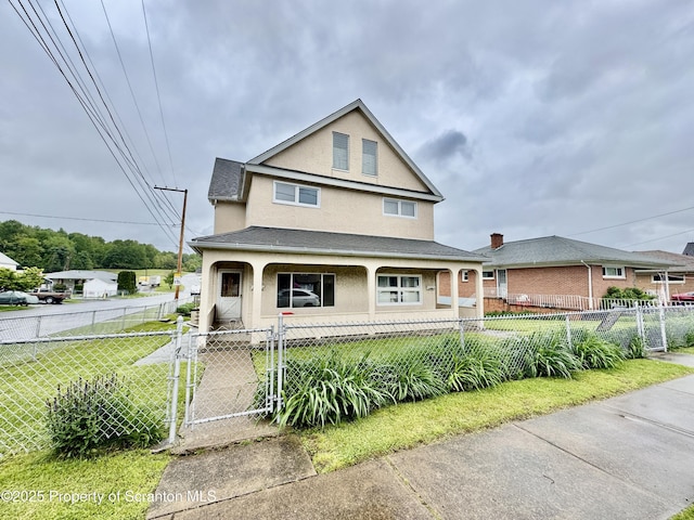 2052 Farr St 2050, Scranton, PA 18504 - view of front of home featuring stucco siding, a gate, covered porch, and a fenced front yard