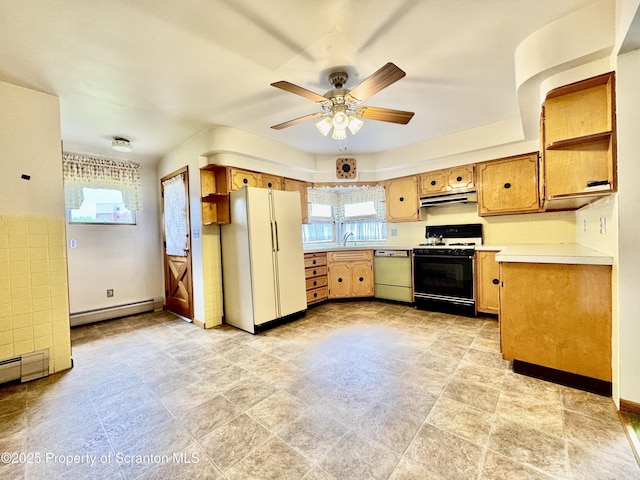 2052 Farr St 2050, Scranton, PA 18504 - kitchen featuring gas range oven, freestanding refrigerator, dishwasher, under cabinet range hood, and a baseboard radiator