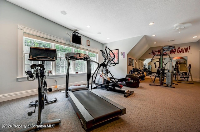 gym with a textured ceiling and lofted ceiling