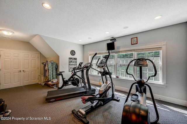 exercise room featuring a textured ceiling and carpet floors