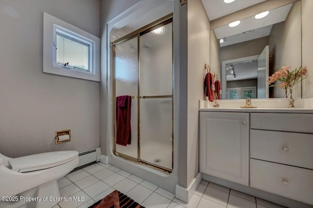 119 Glenmaura Dr, Moosic, PA 18507 - bathroom with a shower stall, vanity, tile patterned flooring, and baseboard heating
