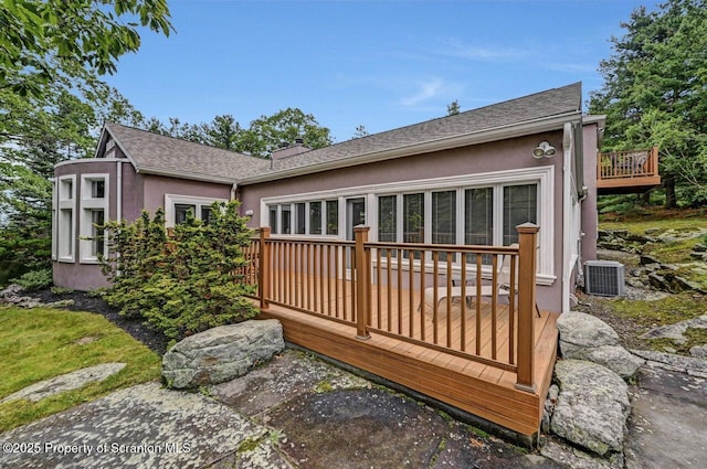 119 Glenmaura Dr, Moosic, PA 18507 - rear view of property featuring stucco siding, a deck, roof with shingles, and a chimney