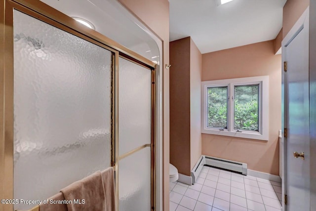 119 Glenmaura Dr, Moosic, PA 18507 - bathroom featuring a baseboard heating unit, tile patterned flooring, and a stall shower